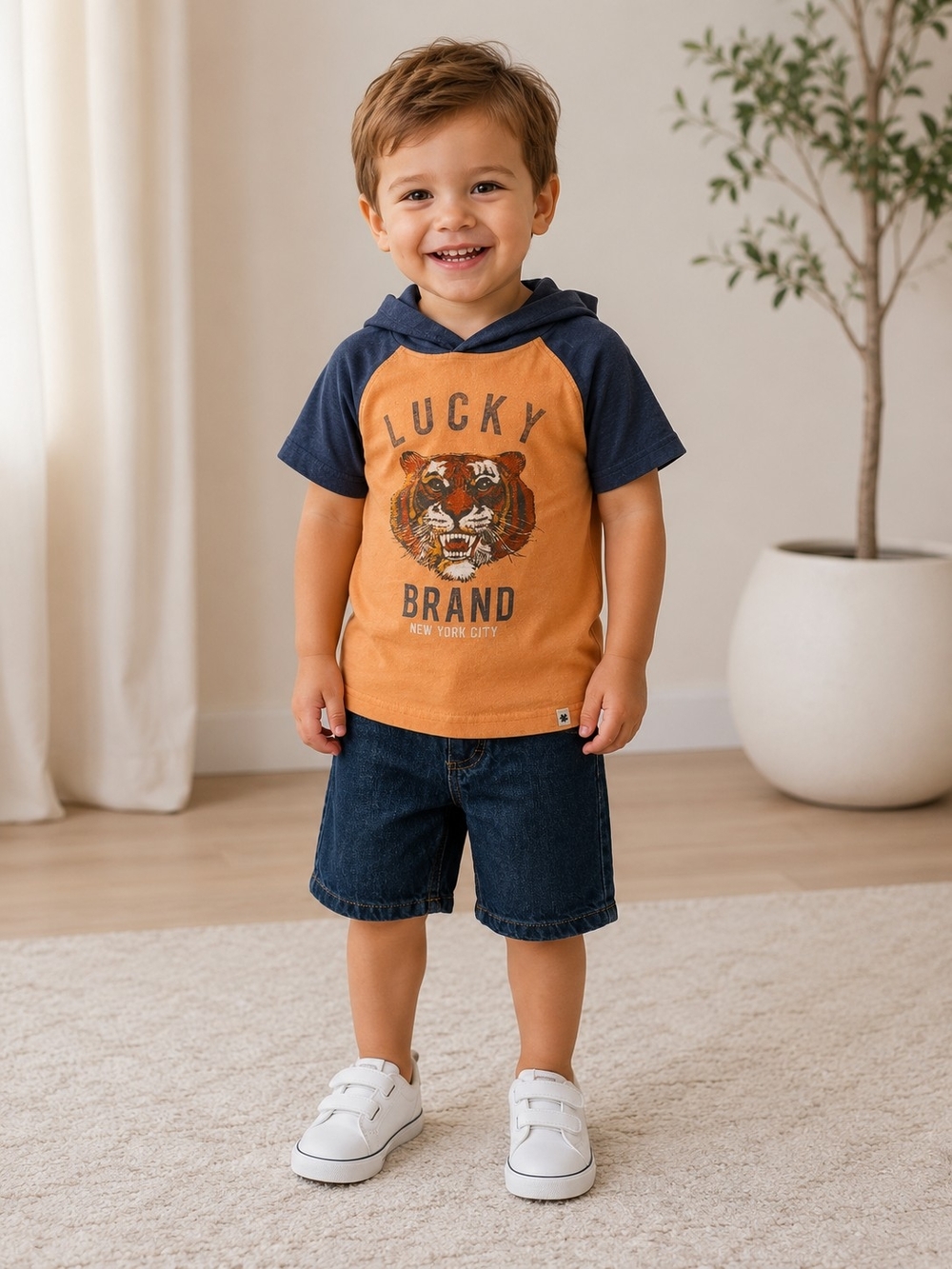Lucky Brand Toddler Boys 2 Piece Outfit 2T Tiger Hooded Tee Denim Shorts Set